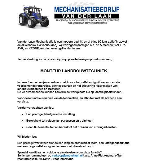  Vacature Monteur Landbouwtechniek